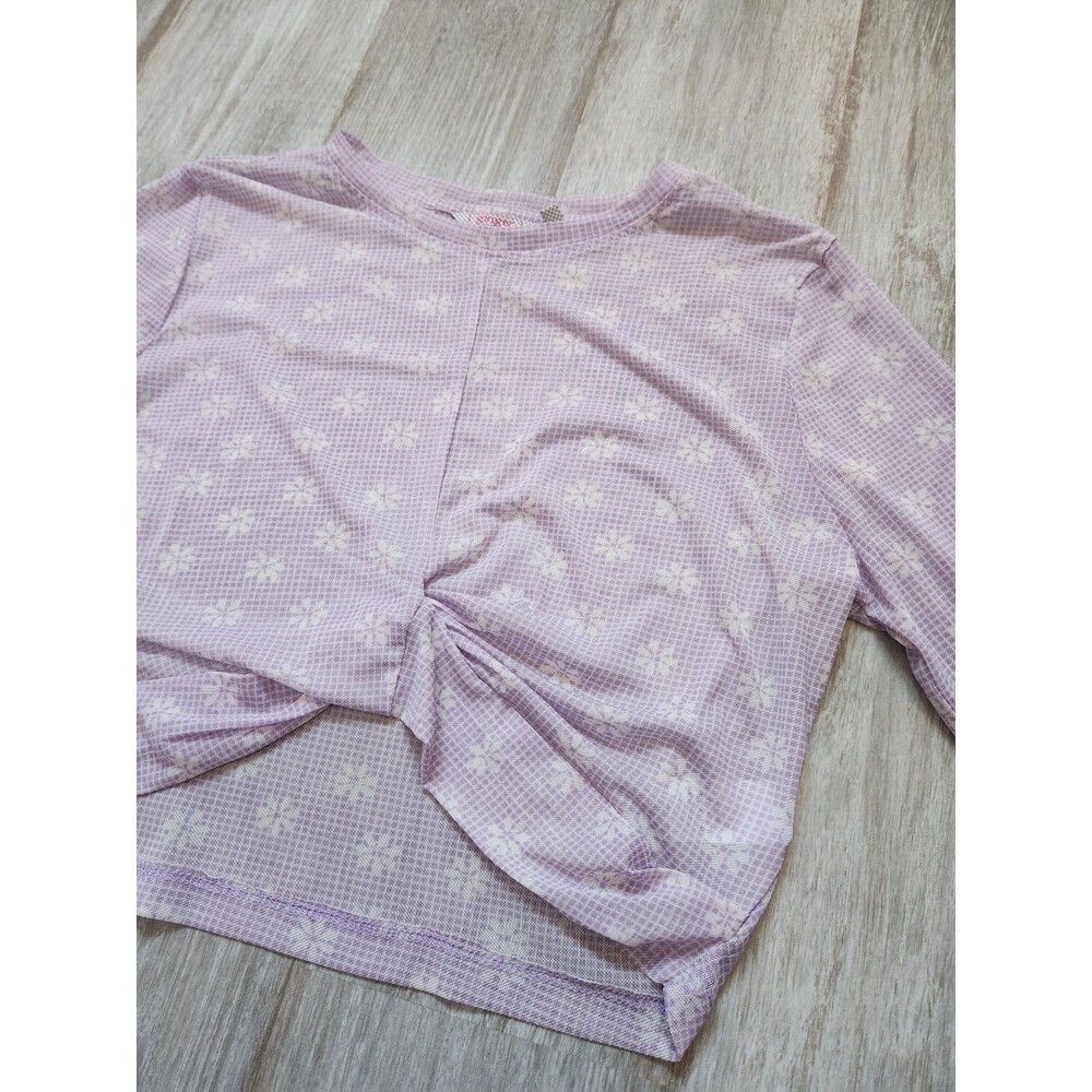 Ginger Mesh Crop Top Front Knot Purple Check Floral Long Sleeve Crewneck L EUC - Picture 2 of 9